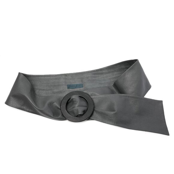 Vintage Susana Grazo Leather Wrap Wide Belt Large Round Wood Buckle Grey Black - Picture 3 of 9